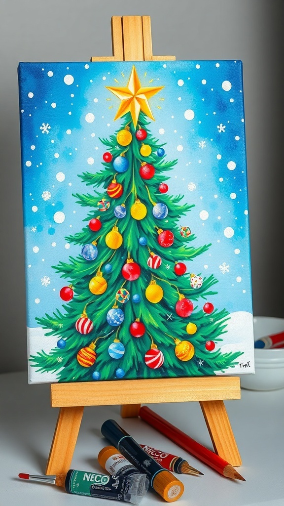 A colorful Christmas tree painting with ornaments and a star, set against a snowy background.